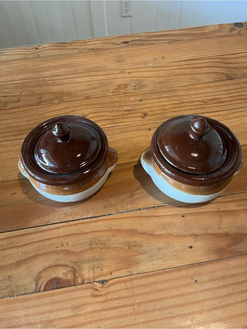 Vintage Brown and Cream Stoneware Casserole Bowls with Lids Set of 2